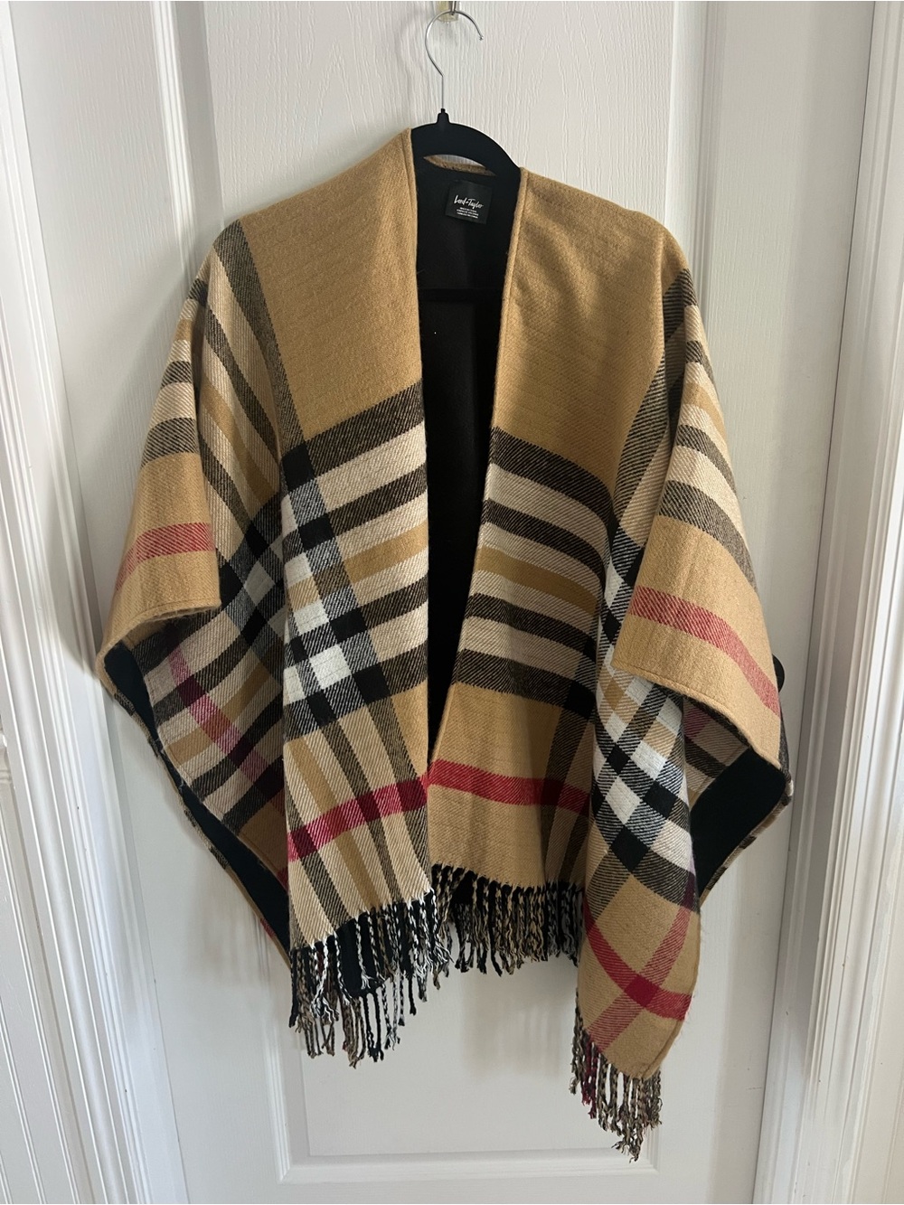 Lord & Taylor Plaid Shawl Poncho in Camel, Black, Cream & Red